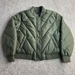 Express Jacket Womens Large Green Quilted Puffer Bomber Full Zip Short Lined